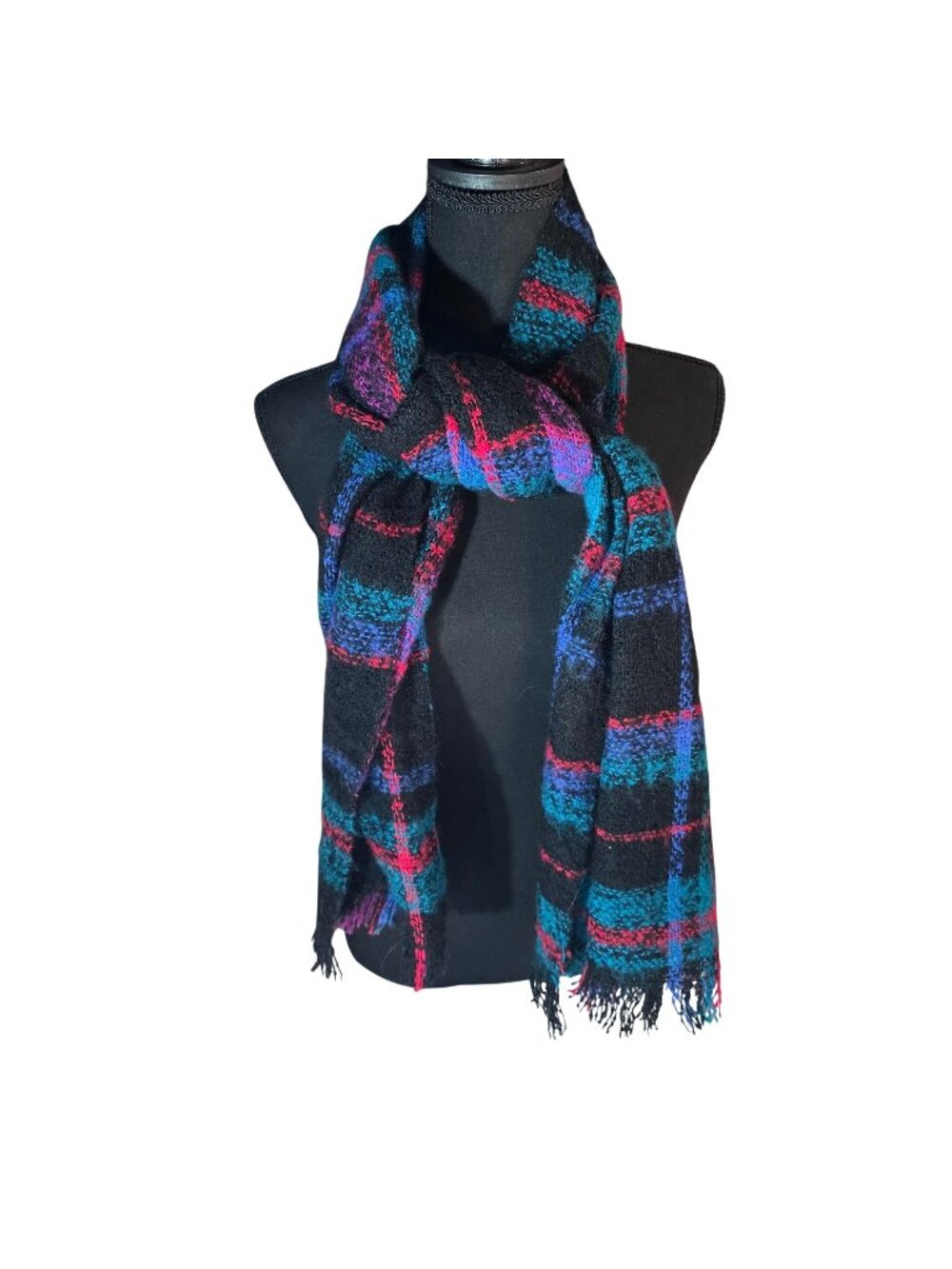 Totes Scarf Black Multicolor Plaid Acrylic Fringe Winter Fall Outerwear